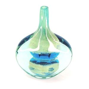 7.5" Signed Mdina Lollipop Fish Art Glass Bud Vase Ice Cut Blue Gold Faceted